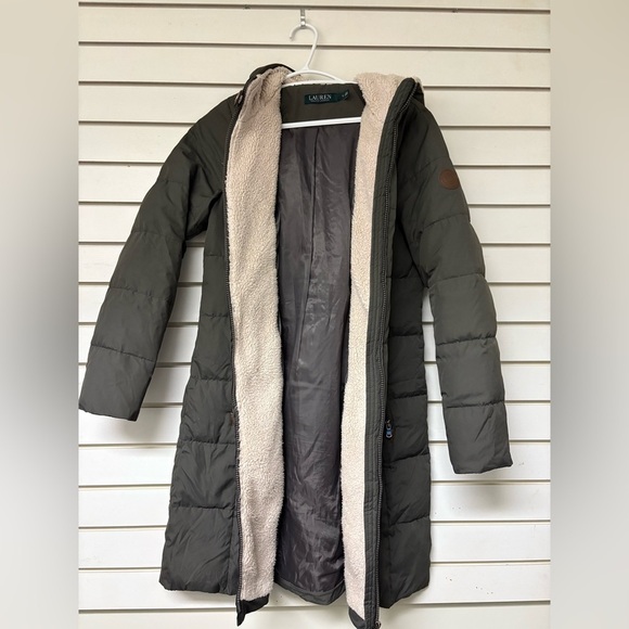 Ralph Lauren Long Down Parka Jacket Women’s Small Fleece Winter Grey Green Coat - Picture 6 of 10
